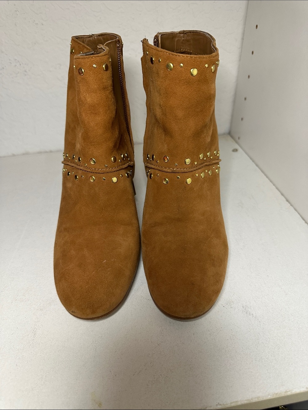 Sam Edelman Suede Ankle Boots with Gold Stud Accents - Cognac